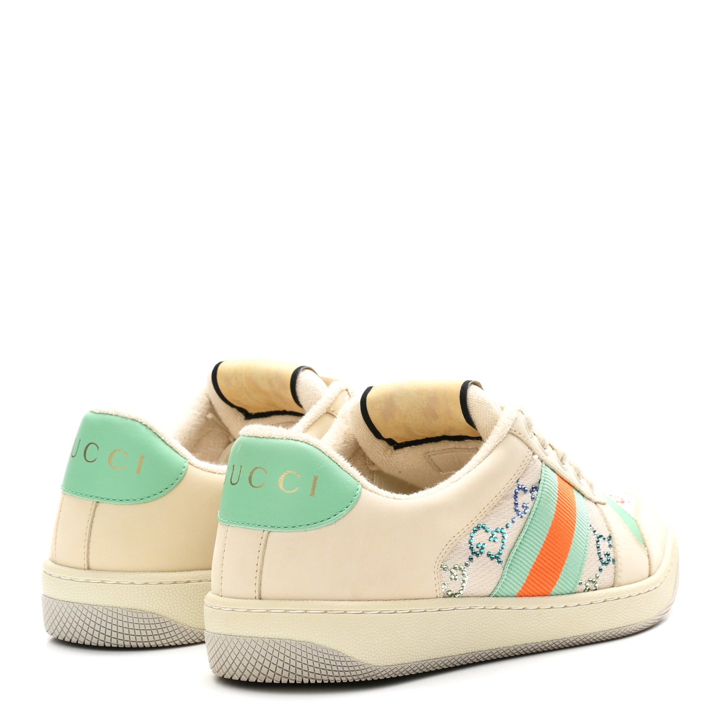 Miro Soft Calfskin Canvas Lame Crystal GG Monogram Web Screener Sneakers 37.5 Gardenia Silver Mystic White