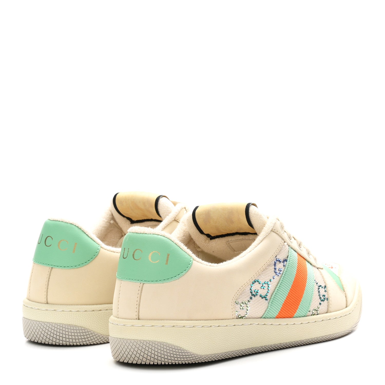 Gucci Miro Soft Calfskin Canvas Lame Crystal GG Monogram Web Screener Sneakers 37.5 Gardenia Silver Mystic White 5 of 10