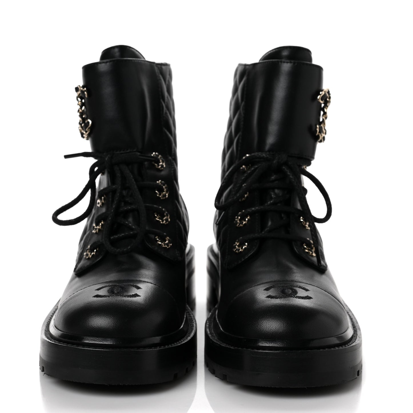 Shiny Lambskin Quilted Lace Up Combat Boots 39.5 Black