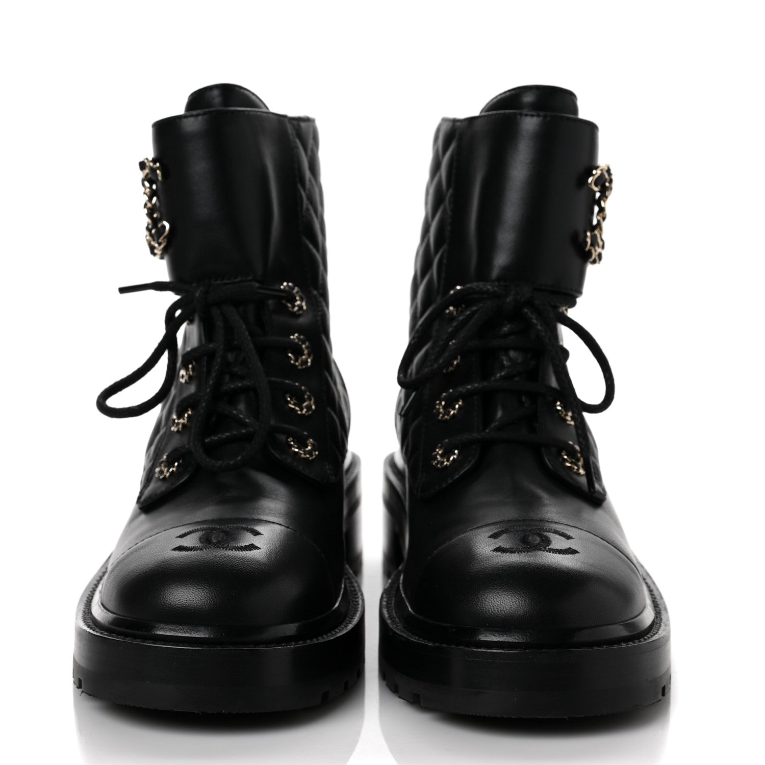 Chanel Shiny Lambskin Quilted Lace Up Combat Boots 39.5 Black 2 of 6