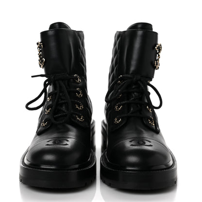 Chanel Shiny Lambskin Quilted Lace Up Combat Boots 39.5 Black 2 of 6
