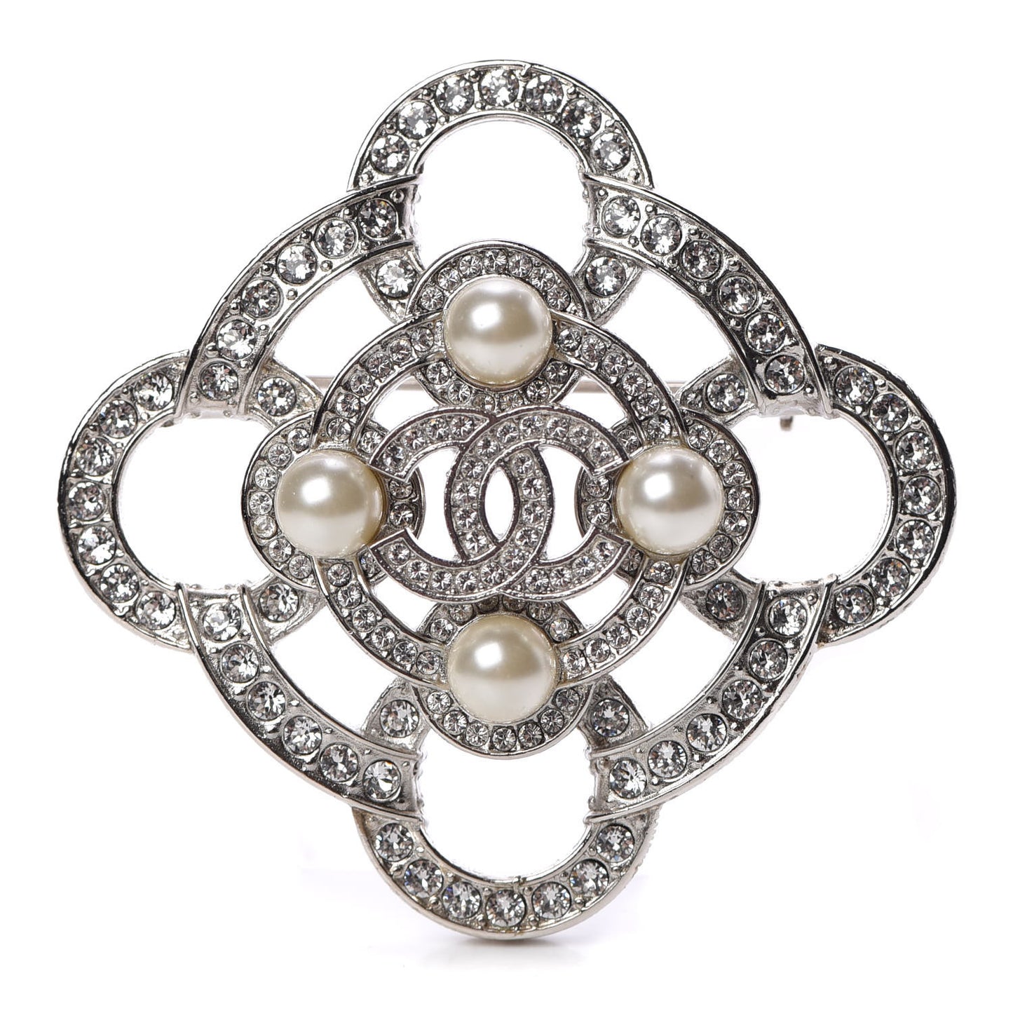 Pearl Crystal CC Brooch Silver
