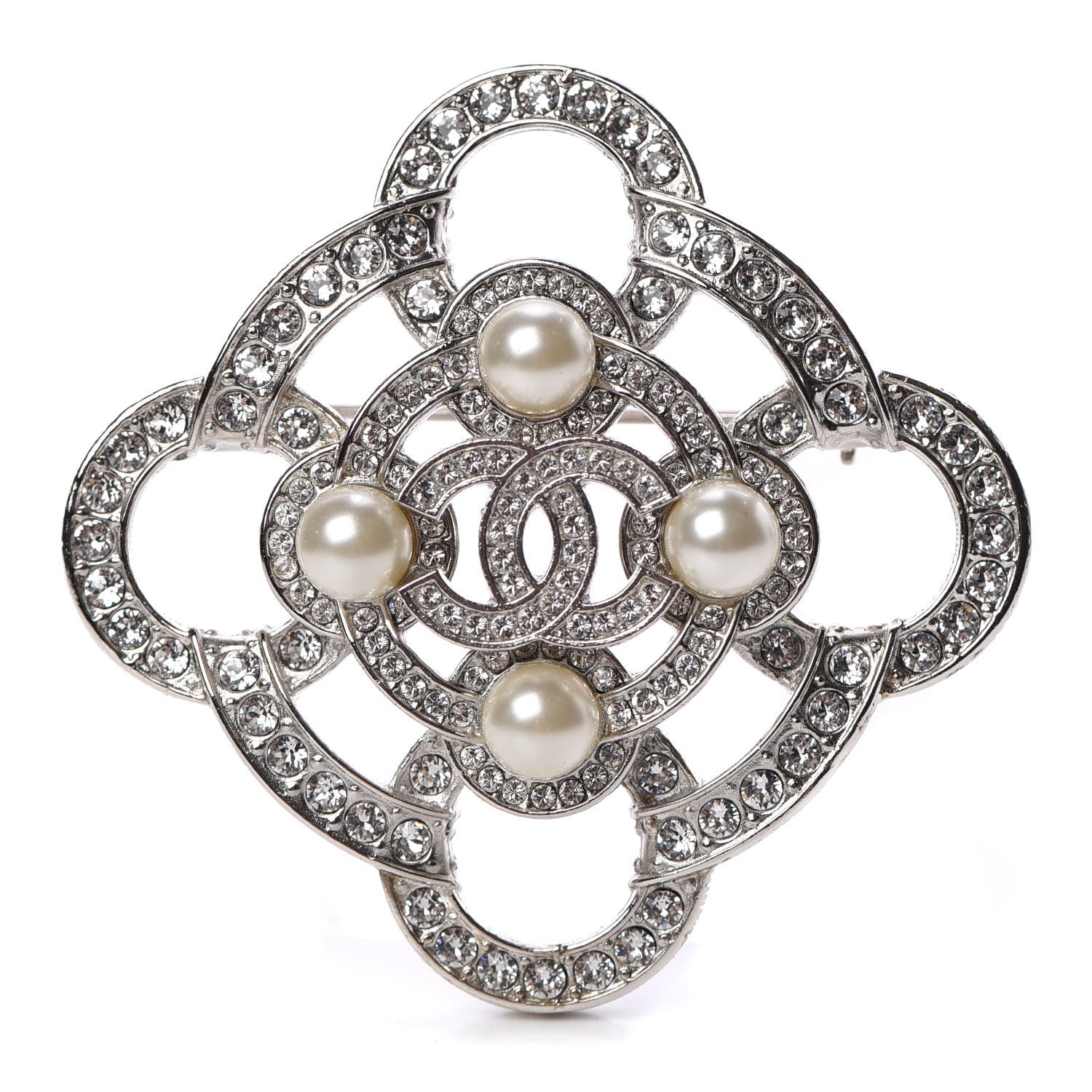 Chanel Pearl Crystal CC Brooch Silver 1 of 5