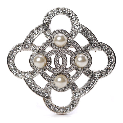 Chanel Pearl Crystal CC Brooch Silver 1 of 5