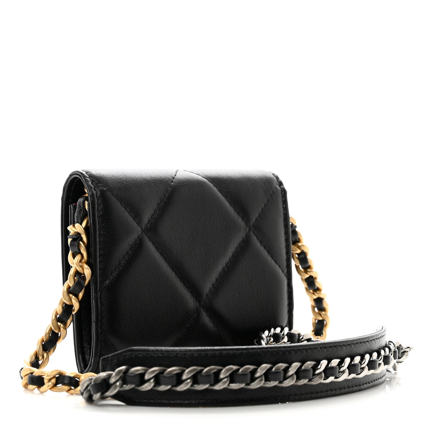 Chanel Shiny Goatskin Quilted Chanel 19 Flap Coin Purse With Chain Black 3 of 10