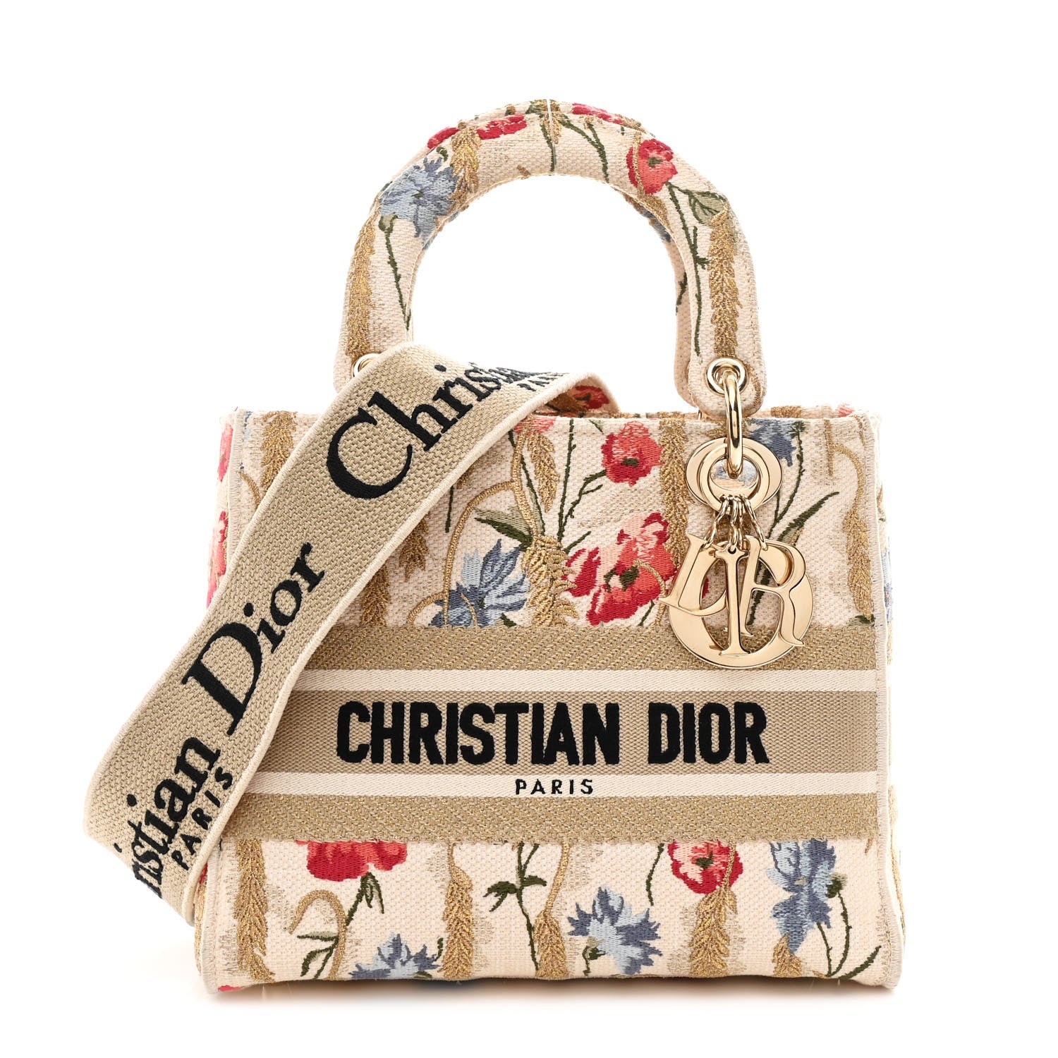 Christian Dior Canvas Embroidered Hibiscus Printed Medium Lady D-Lite Beige Multicolor 1 of 10