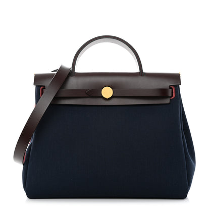 Hermes Toile Militaire Vache Hunter Herbag Zip Retourne 31 PM Rouge Sellier Bleu Marine 1 of 10