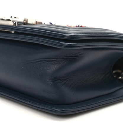 Chanel Lambskin Tweed Chevron Small Boy Flap Navy Blue 10 of 12