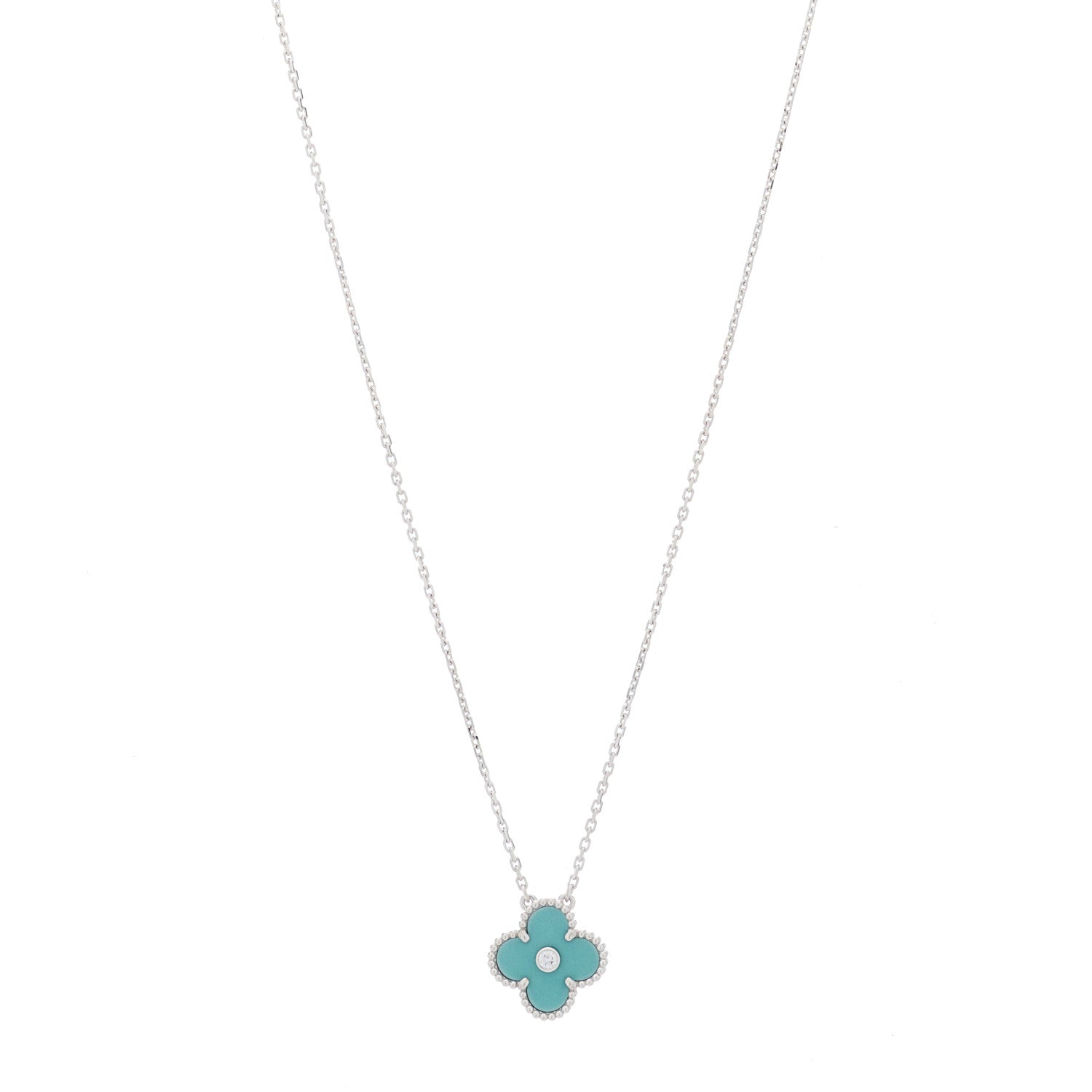 Van Cleef & Arpels 18K White Gold Diamond Celadon Green Sevres Porcelain Vintage Alhambra Pendant Necklace 1 of 4