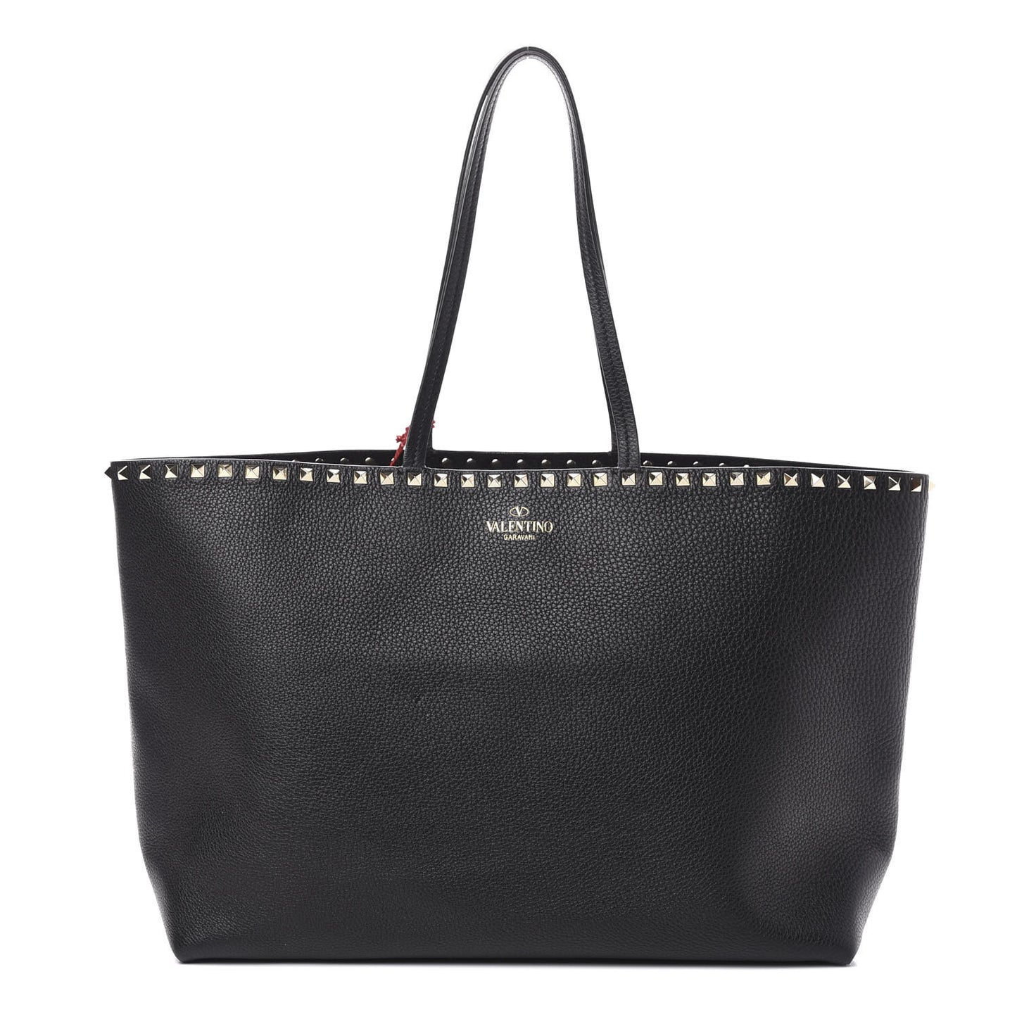 Grained Calfskin Rockstud Shoulder Tote Black