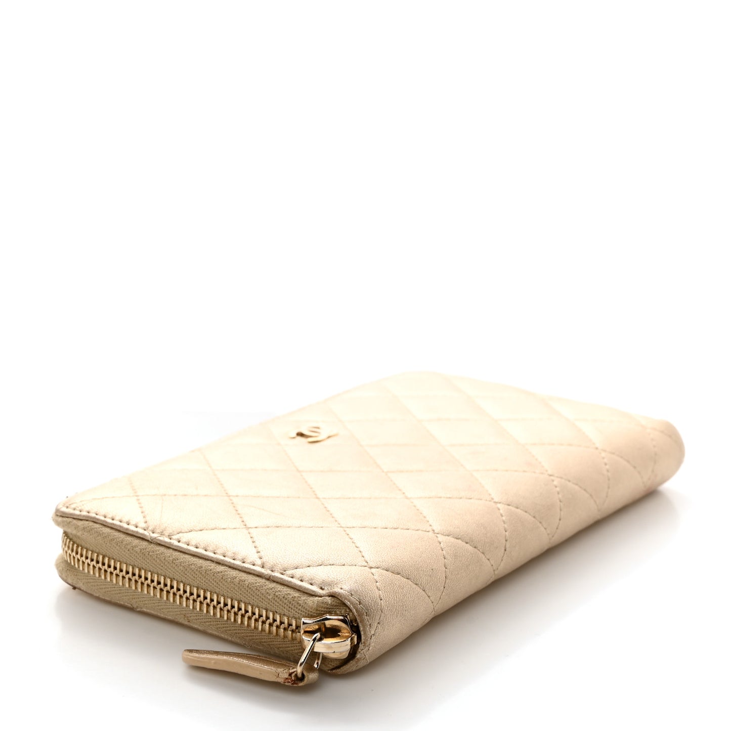 Metallic Lambskin Quilted Large Gusset Zip Around Wallet Gold
