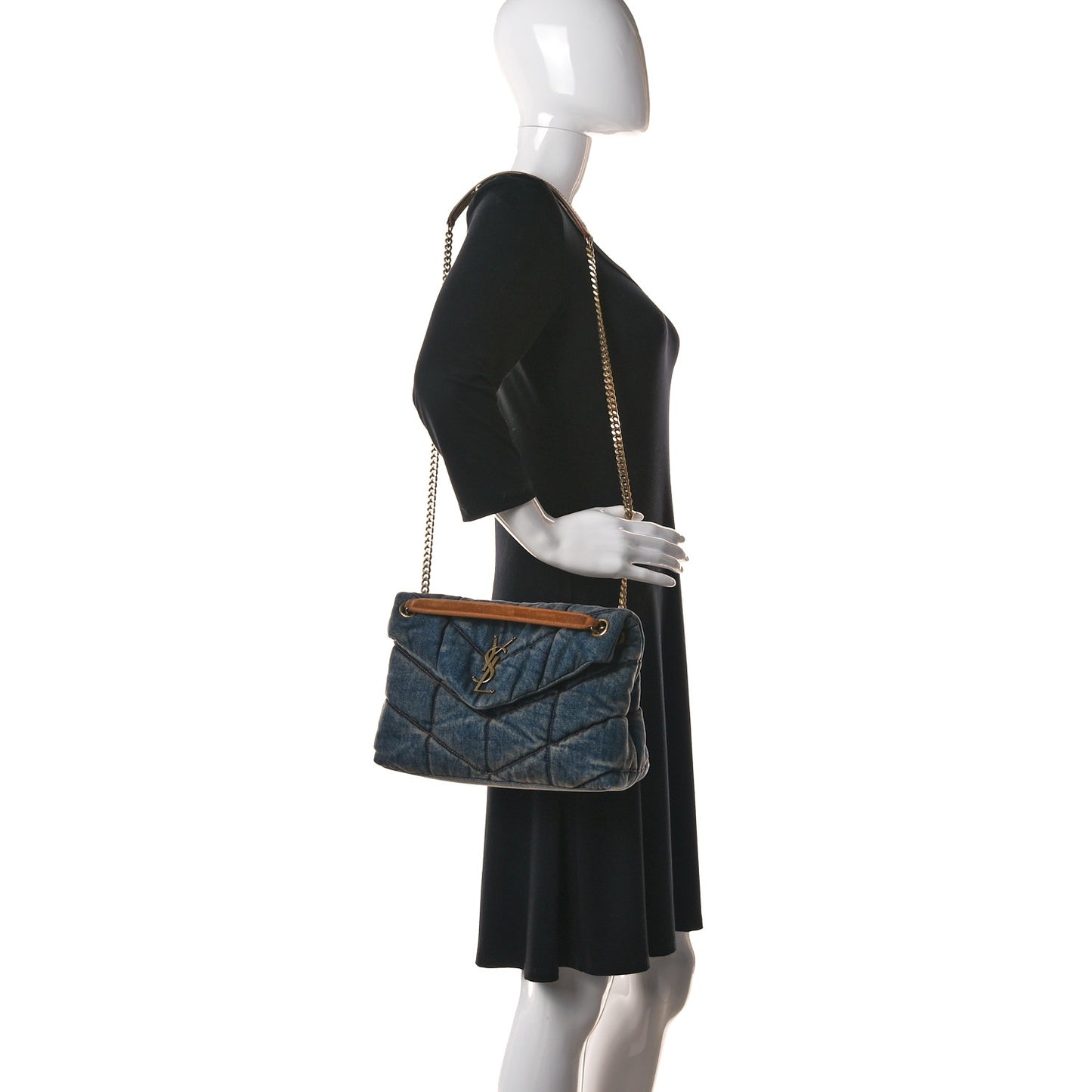 Denim Quilted Small Loulou Puffer Monogram Chain Satchel Blue Cinnamon