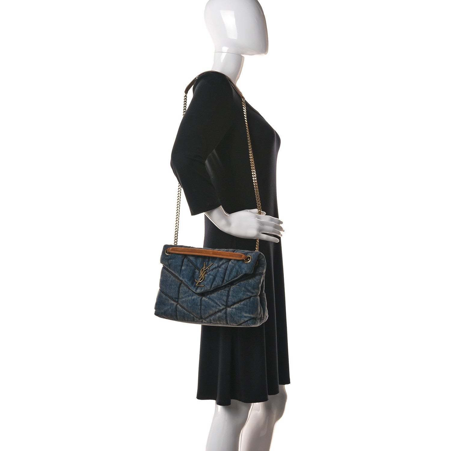 Saint Laurent Denim Quilted Small Loulou Puffer Monogram Chain Satchel Blue Cinnamon 2 of 10