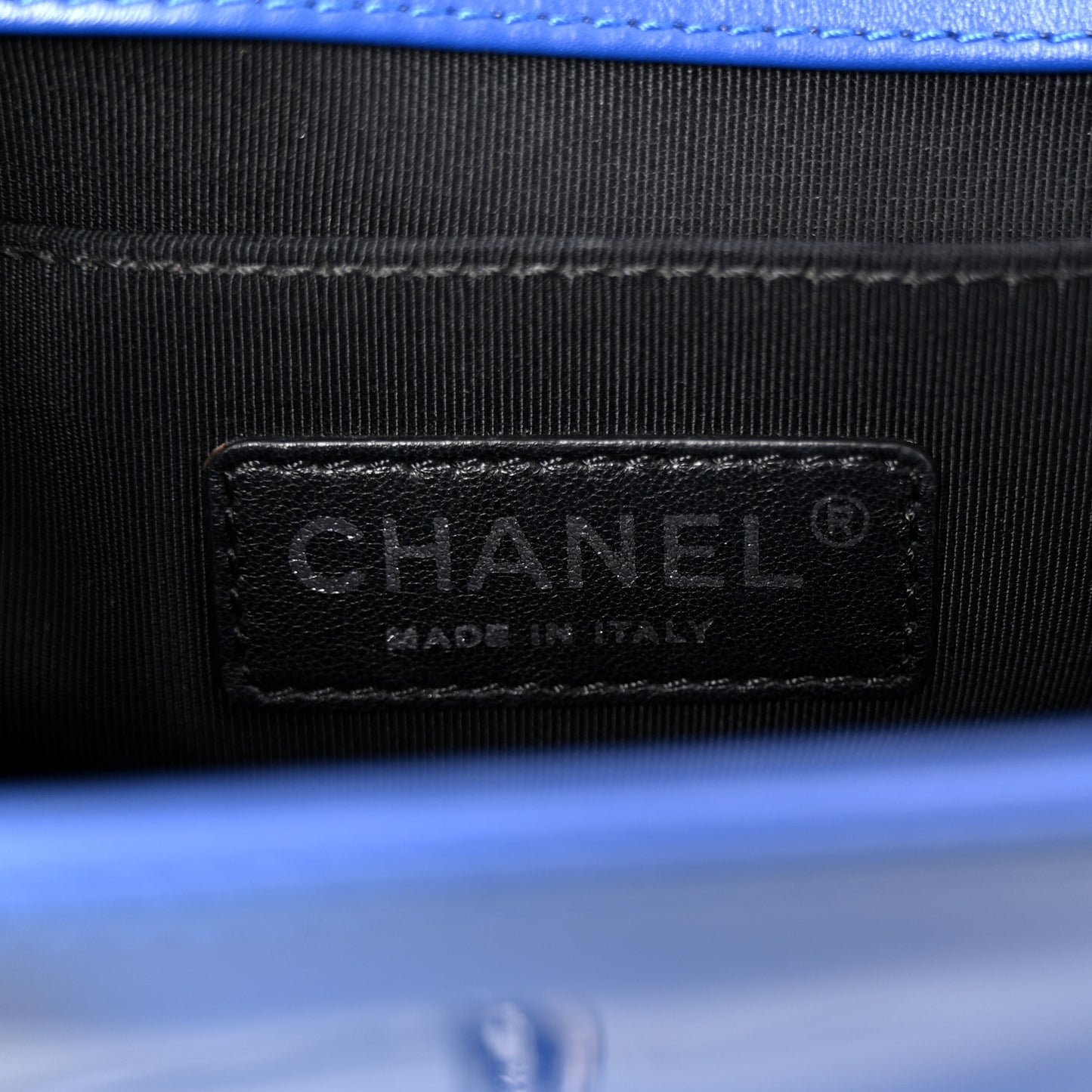 Patent Calfskin Quilted Medium Plexiglass Boy Flap Blue