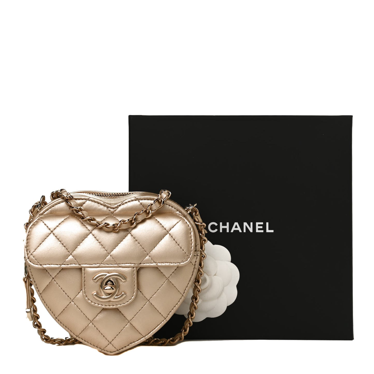 Metallic Lambskin Quilted CC In Love Heart Clutch With Chain Gold