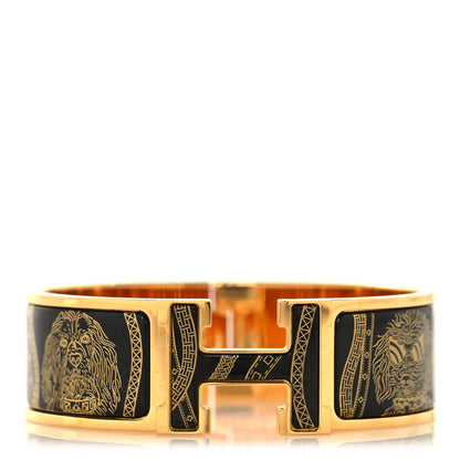 Hermes Enamel Printed Wide Dogs Clic Clac H Bracelet GM Black Gold 2 of 8