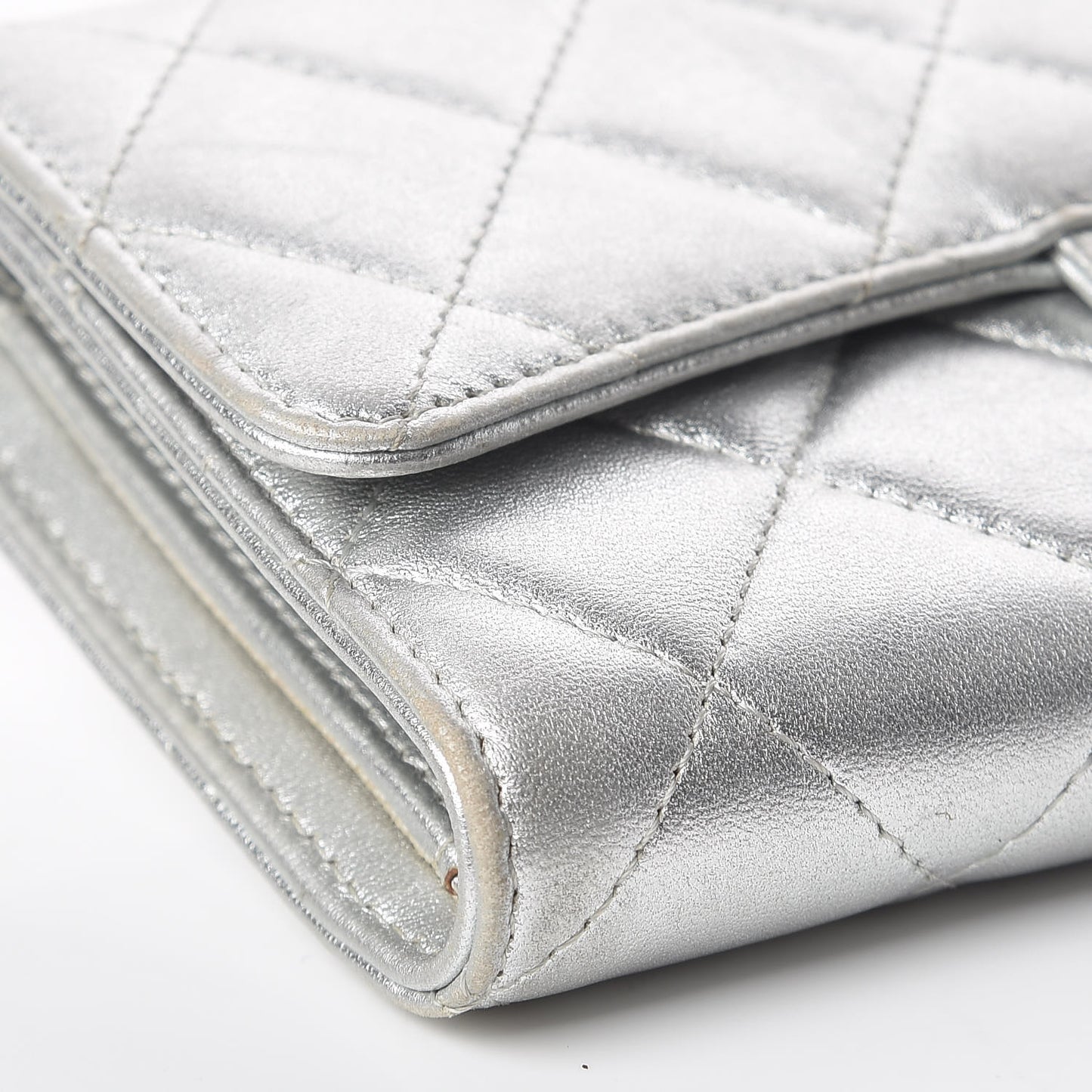 Metallic Lambskin Quilted Long Flap Wallet Silver