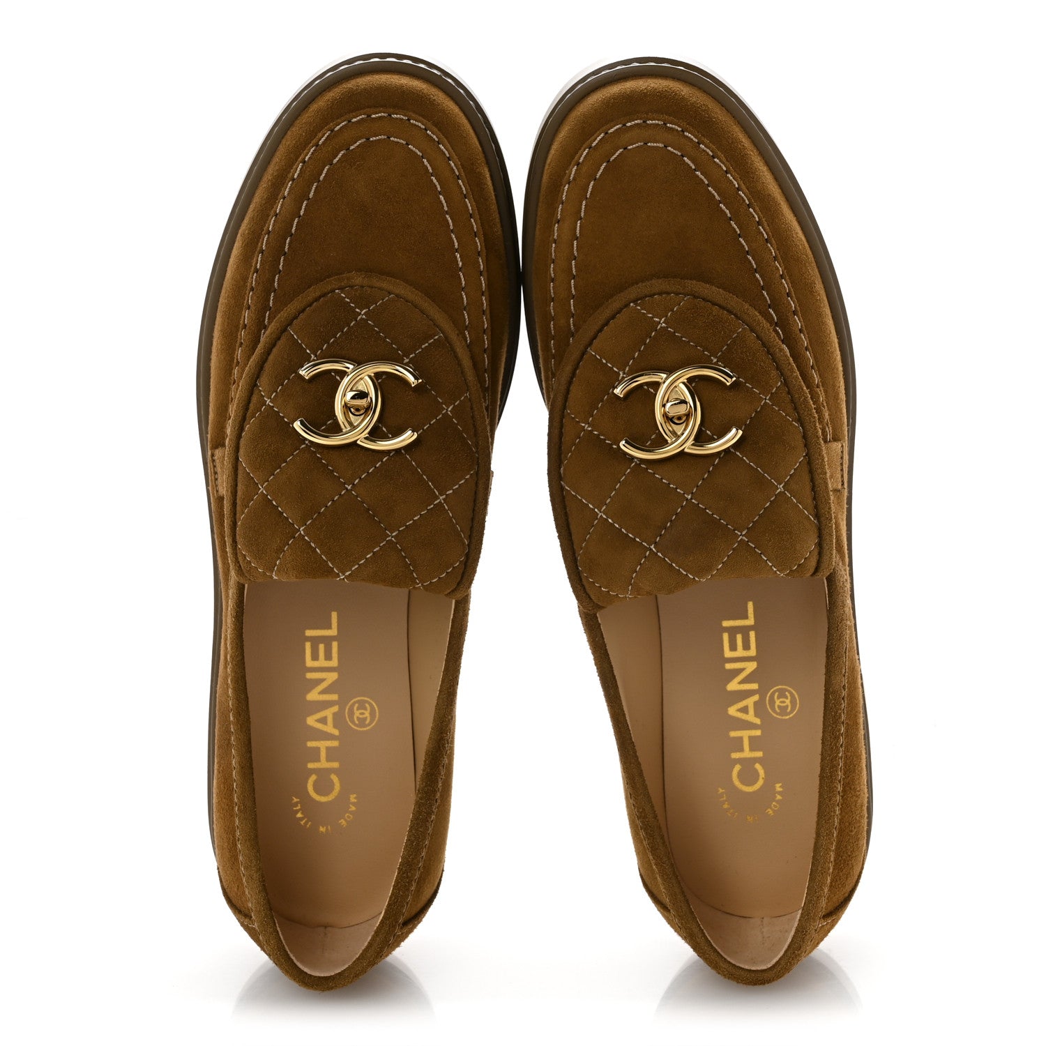 Chanel Suede Kidskin Quilted CC Turnlock Loafers 38 Light Brown 2 of 10