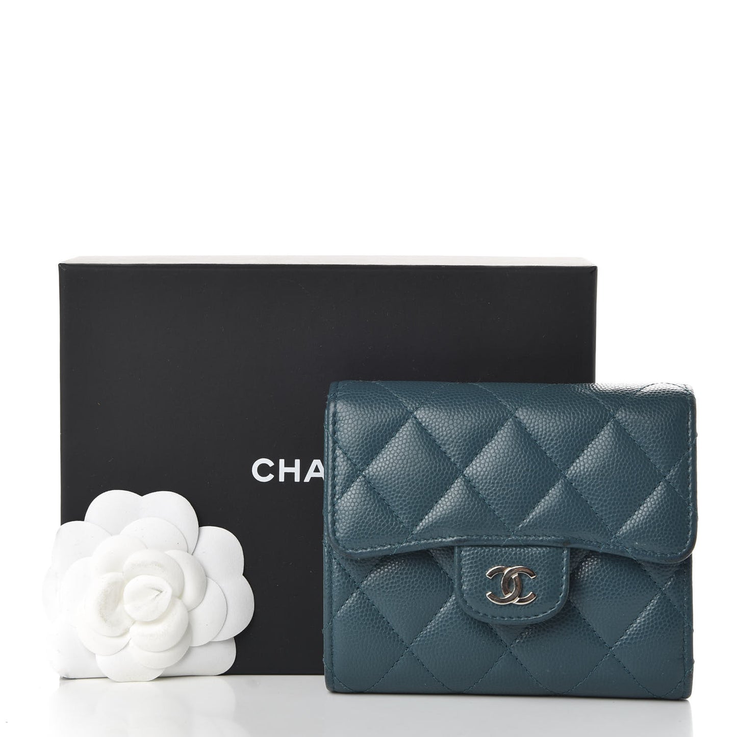 Caviar Quilted Compact Flap Wallet Dark Turquoise