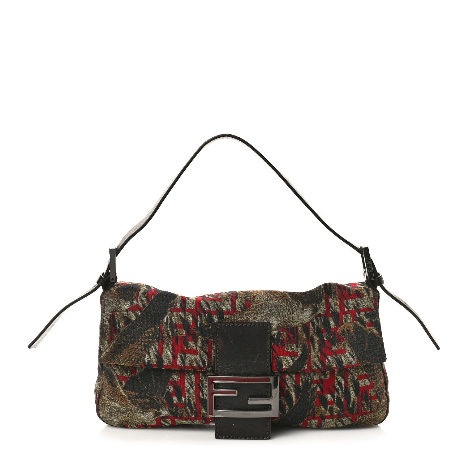Fendi Fabric Jacquard FF Bird Motif Baguette Brown 1 of 10