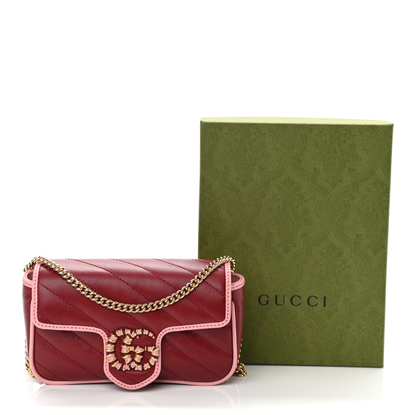 Azalea Calfskin Enamel Matelasse Diagonal Super Mini Torchon GG Marmont Shoulder Bag New Cherry Red Wild Rose