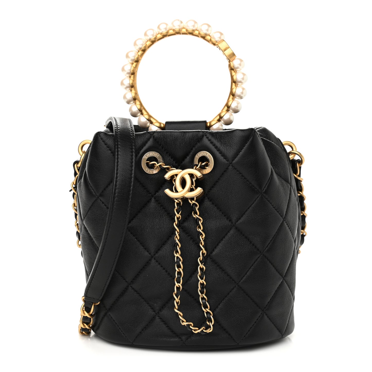 Lambskin Quilted Pearl Crown Drawstring Bag Black