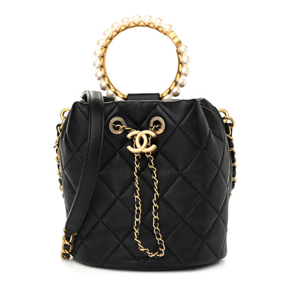 Chanel Lambskin Quilted Pearl Crown Drawstring Bag Black 1 of 9