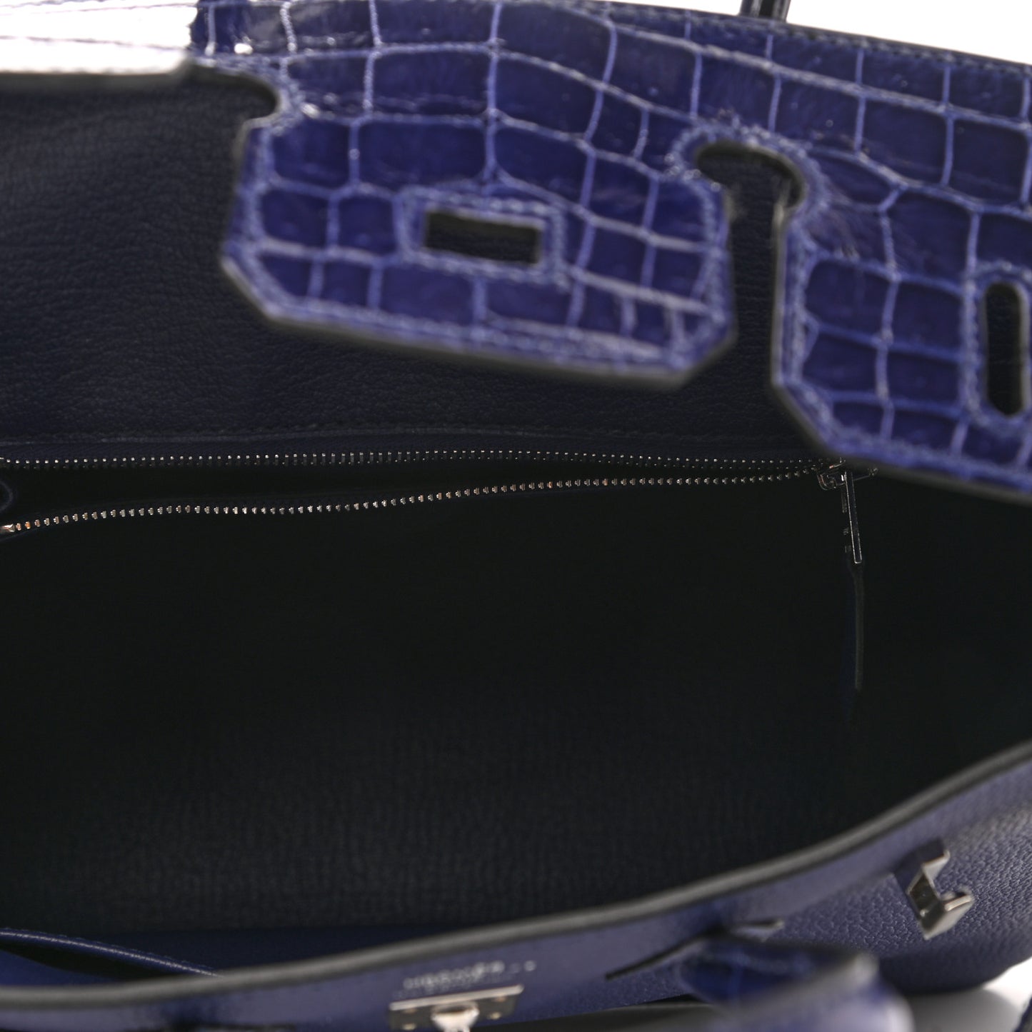Taurillon Novillo Shiny Niloticus Crocodile Birkin Touch 25 Bleu Encre