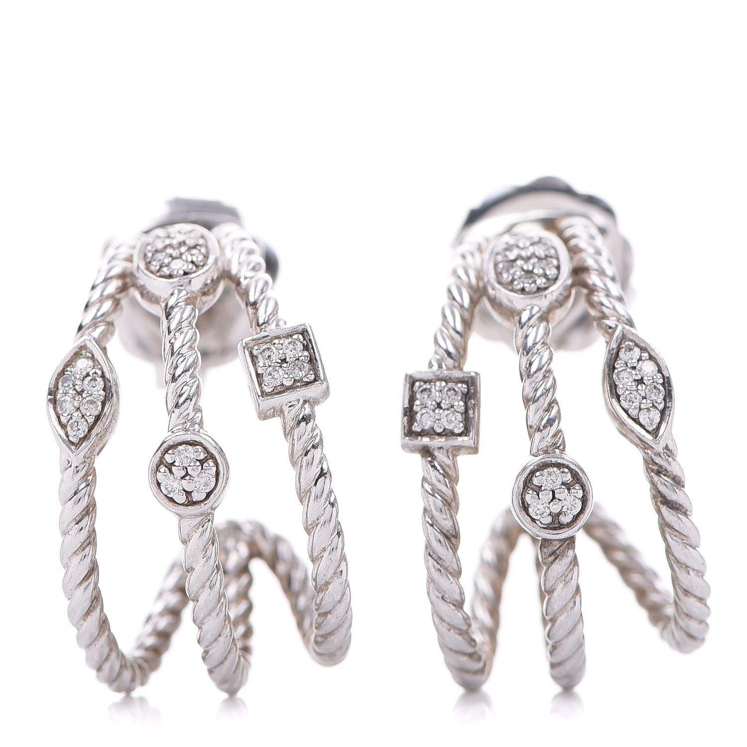 David Yurman Sterling Silver Diamond Confetti 3 Row Earrings 1 of 4