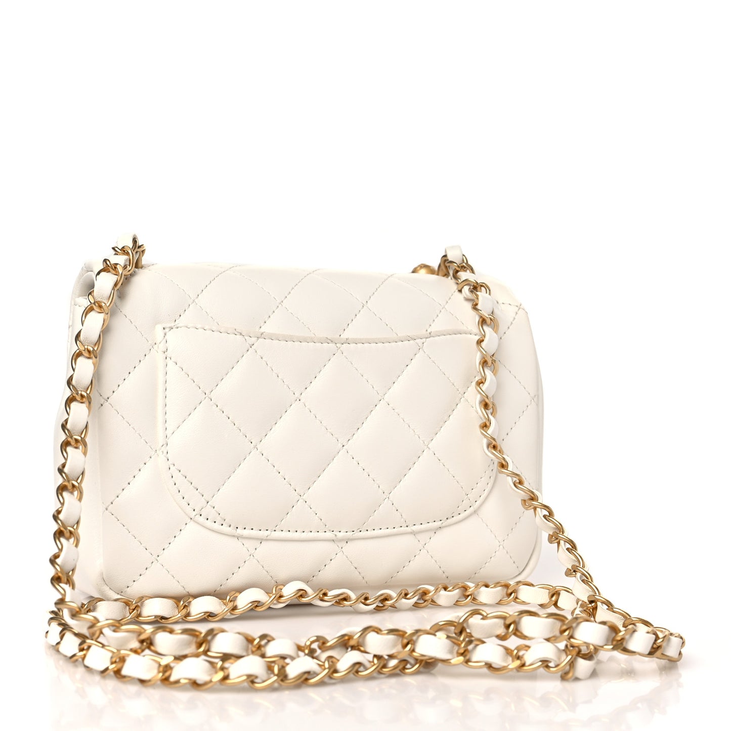 Shiny Lambskin Quilted Pearl Twist Mini Square Flap White