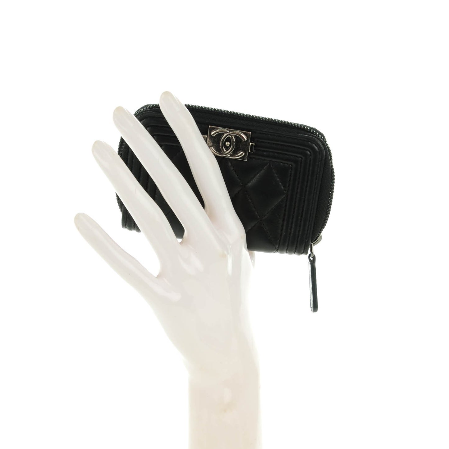 Lambskin Quilted Zip Around Boy Coin Purse Wallet Black