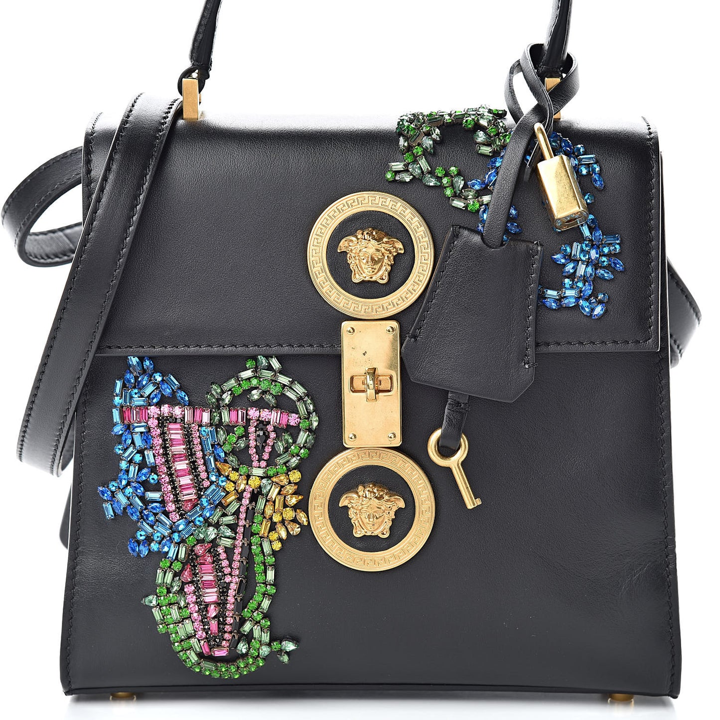 Nappa Crystal Embroidered Alphabet Icon Flap Black