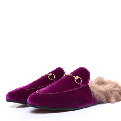 Gucci Velvet Fur Womens Princetown Slippers 40 Fucsia Violet Cyclamen Natural 2 of 11