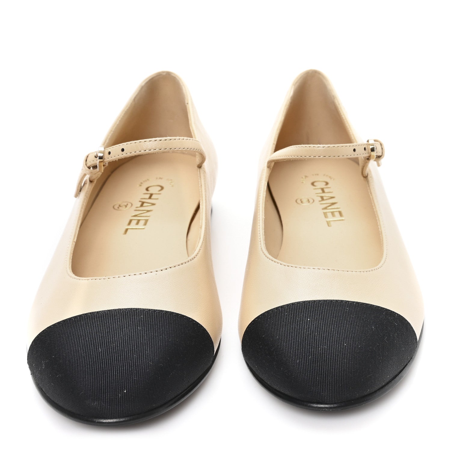 Chanel Goatskin Grosgain Cap Toe Pearl Mary Jane Flats 36.5 Beige