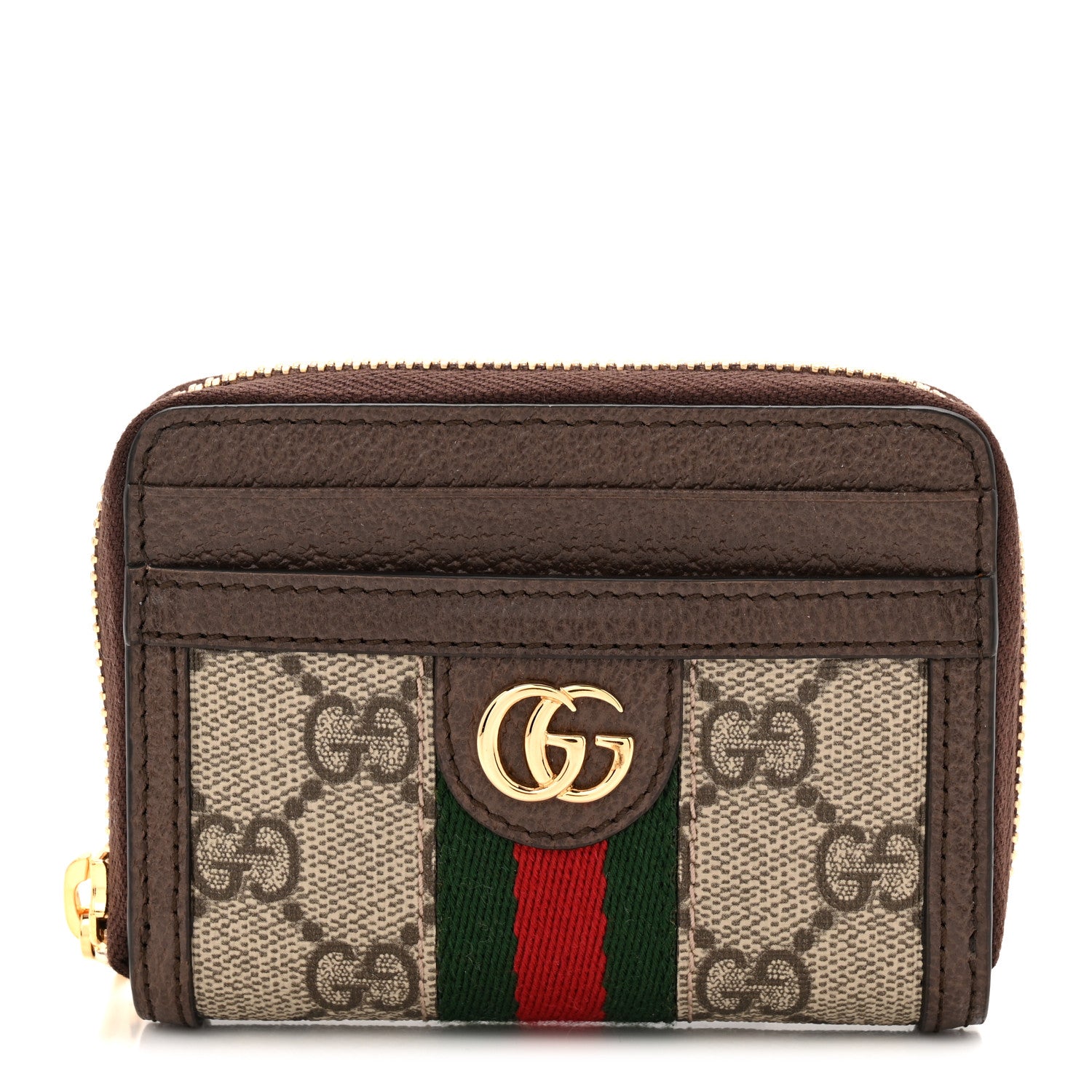 Gucci GG Supreme Monogram Textured Dollar Calfskin Web Ophidia Zip Around Card Case Wallet Beige Ebony New Acero 1 of 8