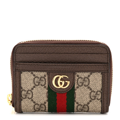 Gucci GG Supreme Monogram Textured Dollar Calfskin Web Ophidia Zip Around Card Case Wallet Beige Ebony New Acero 1 of 8