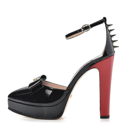 Gucci Patent Crystal GG Bow Sadie Spike Ankle Strap d'Orsay Platform High Heel Pumps 39.5 Black 1 of 8
