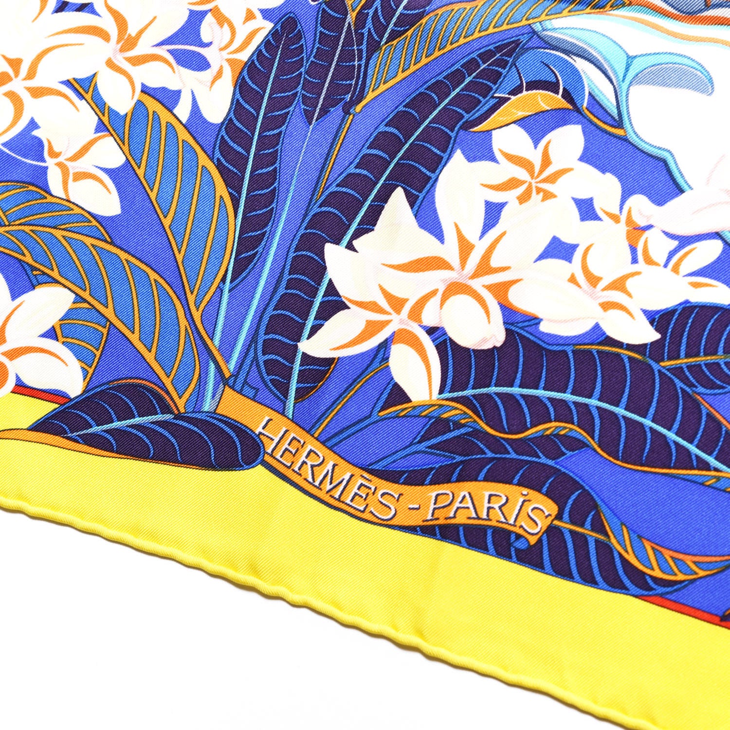 Hermes Silk Flamingo Party Scarf 90 Jaune Vif Bleu Blanc 2 of 3