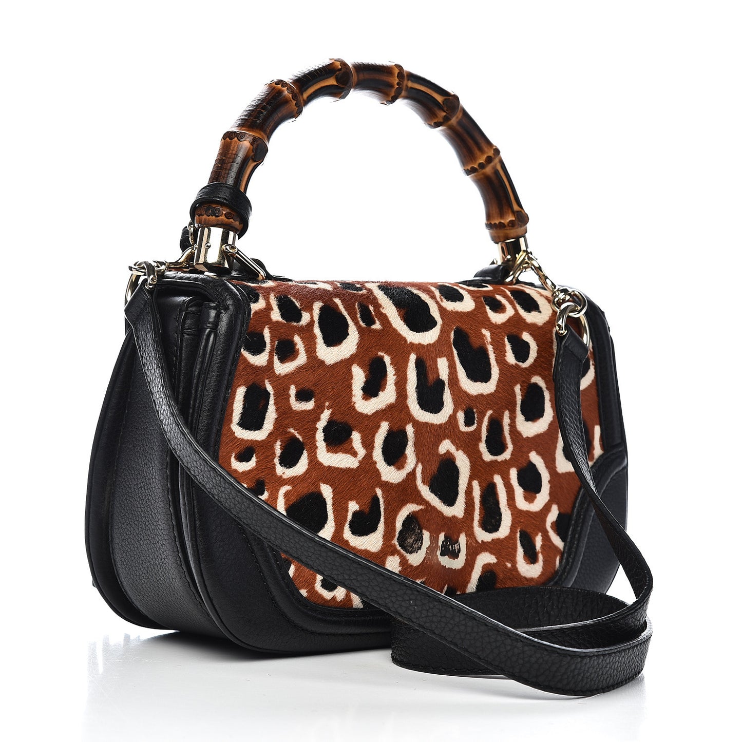 Calf Hair Leopard Print Medium New Bamboo Top Handle Bag Red