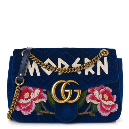 Gucci Velvet Matelasse Modern Embroidered Medium GG Marmont Shoulder Bag Cobalt 1 of 12