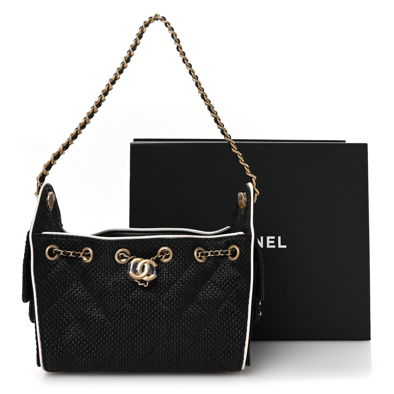 Chanel Braided Raffia Calfskin Quilted Mini Chanel 25 Handbag Black White 11 of 11