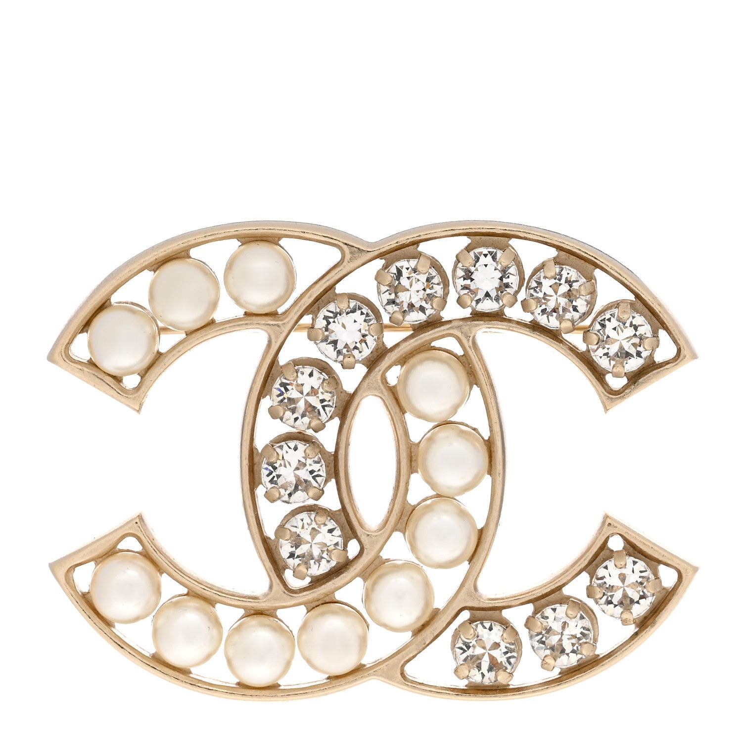 Chanel Pearl Crystal CC Brooch Gold Pearly White 1 of 4