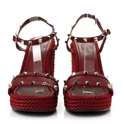 Valentino Garavani Silk Calfskin Rockstud Torchon Espadrille 25/115mm Wedge Sandals 41 Cerise 2 of 7