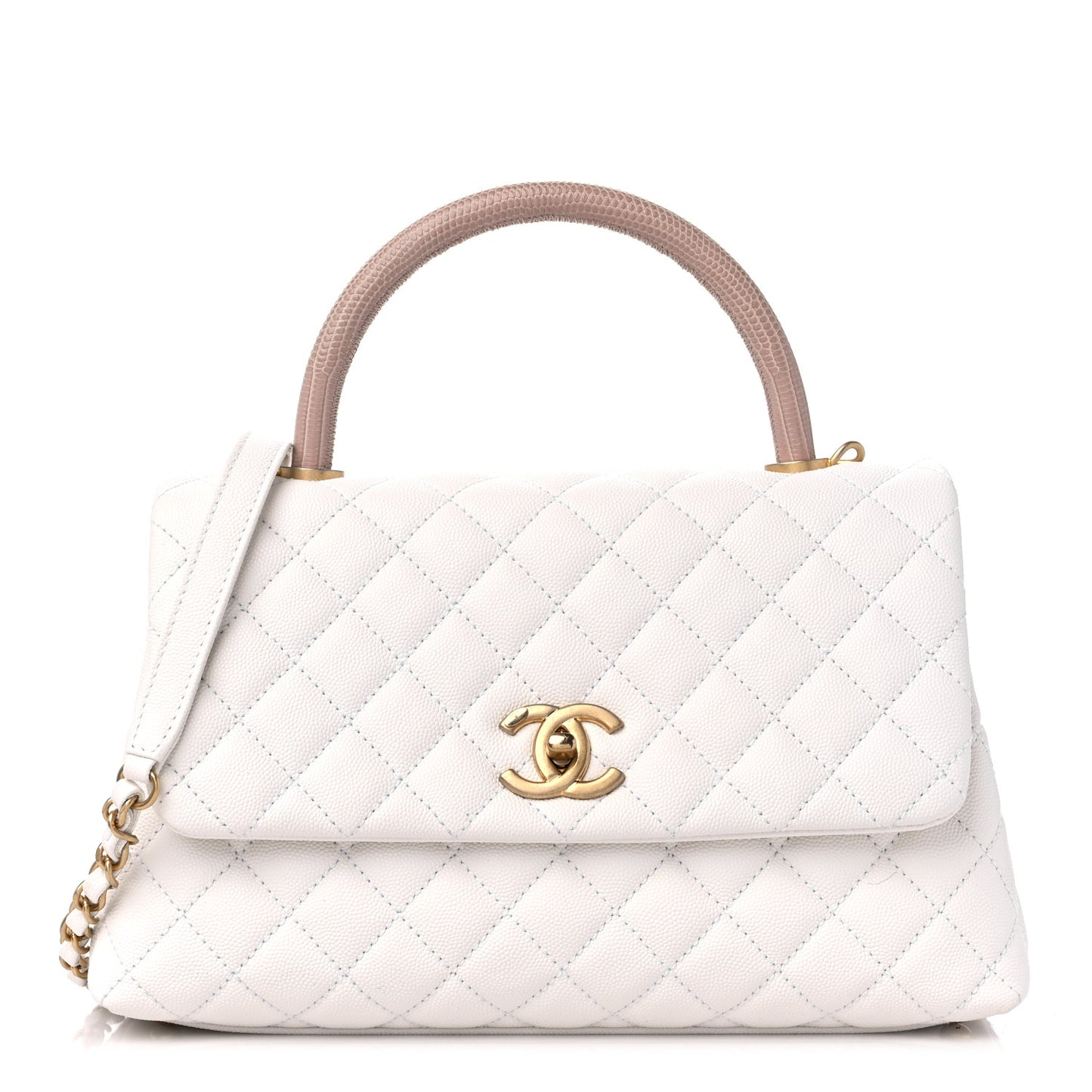 Caviar Lizard Quilted Small Coco Handle Flap White Beige