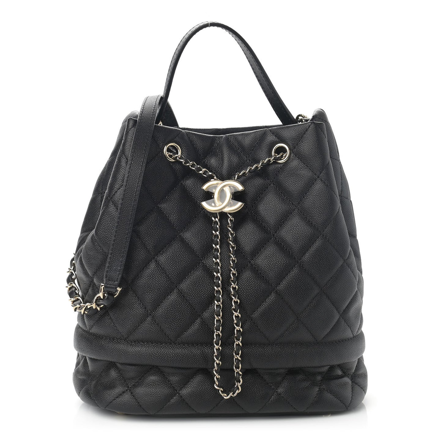 Caviar Quilted Large Rolled Up Bucket Drawstring Bag Black