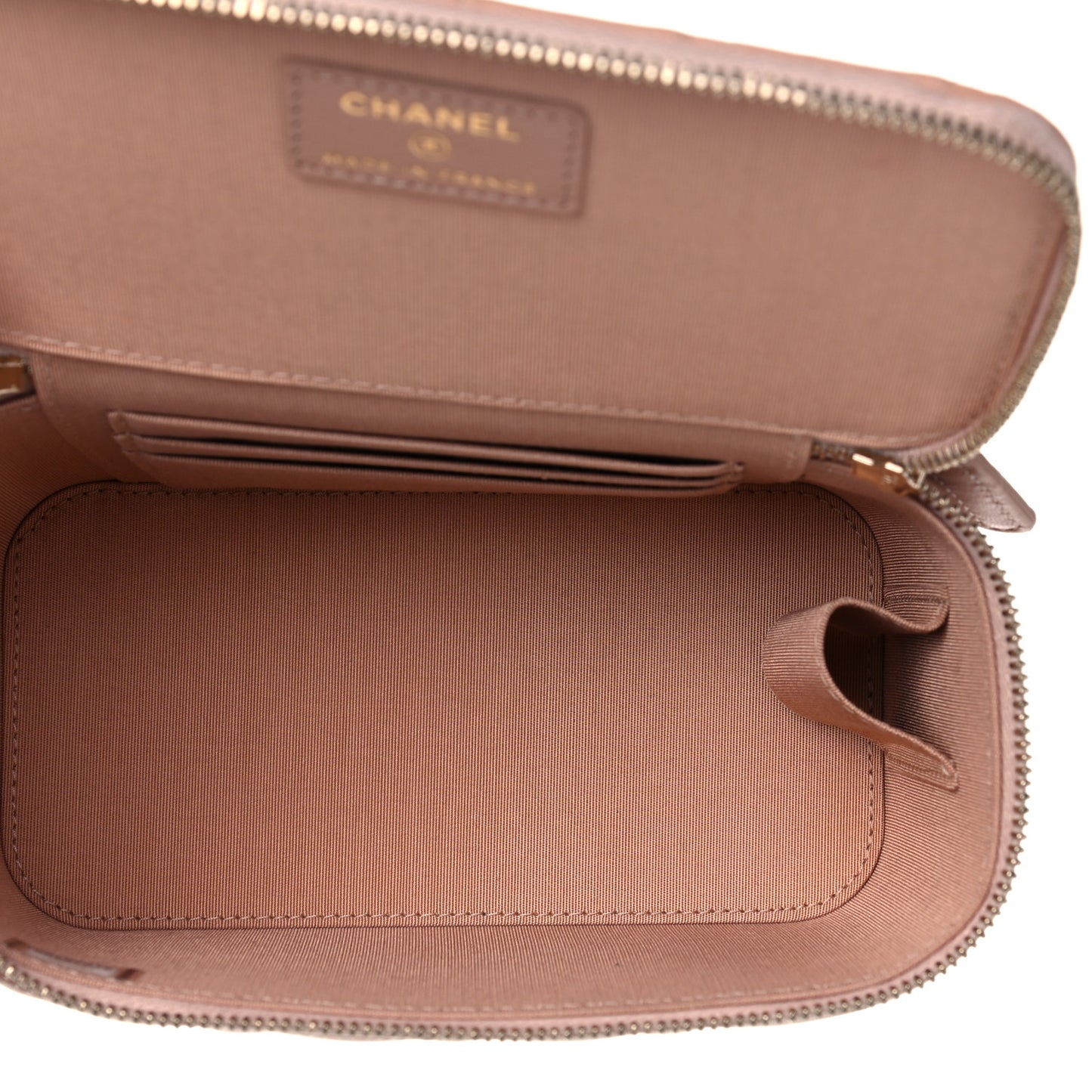 Lambskin Quilted Small Top Handle Vanity Case With Chain Beige