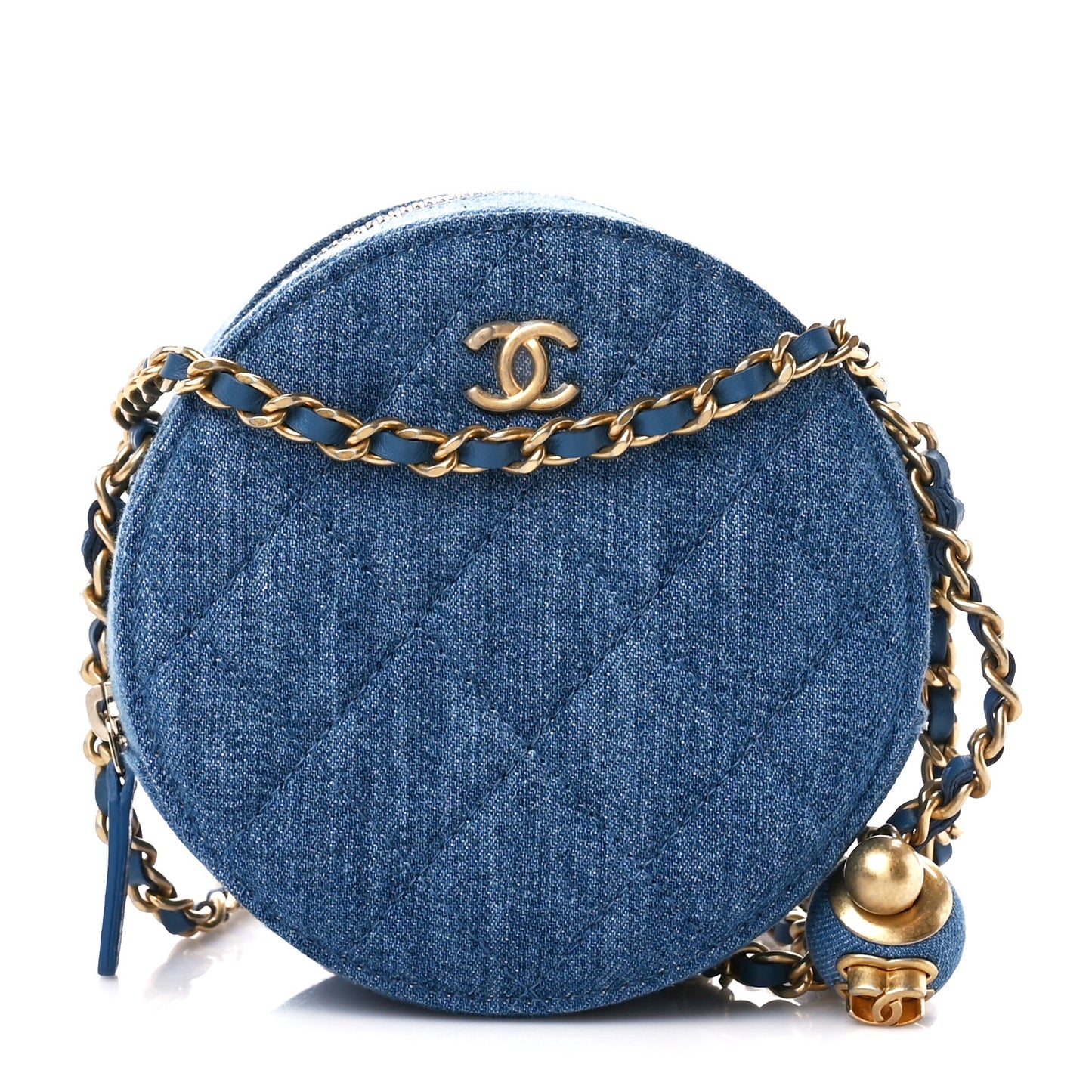Denim Quilted Round Pearl Crush Clutch With Chain Blue