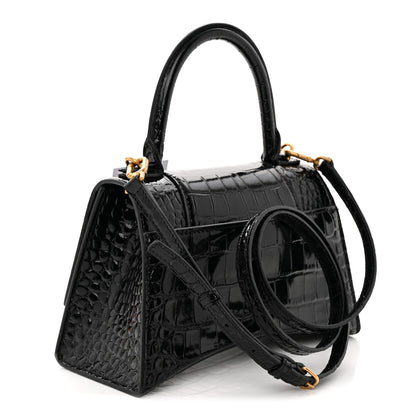 Balenciaga Shiny Calfskin Crocodile Embossed Small Hourglass Top Handle Bag  Black 3 of 12