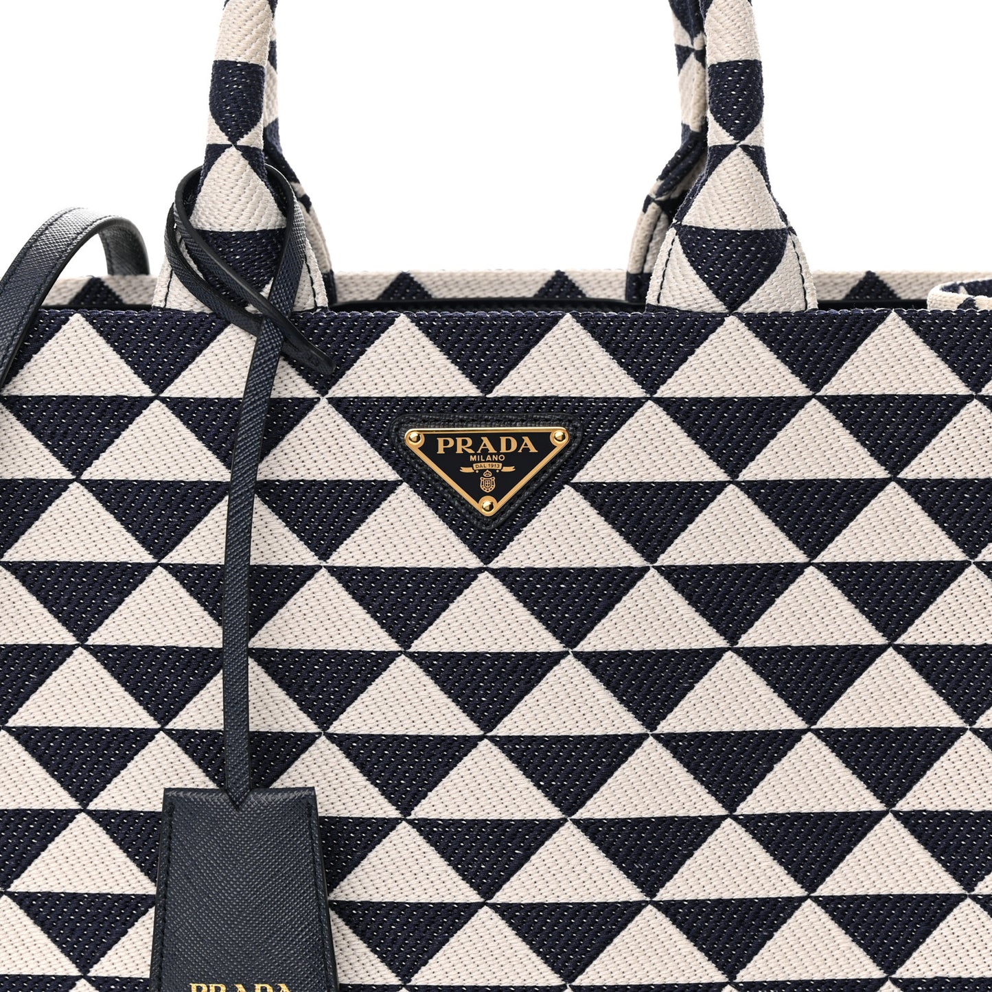 Jacquard Saffiano Triangolo Symbole Embroidered Small Tote Baltico Talco