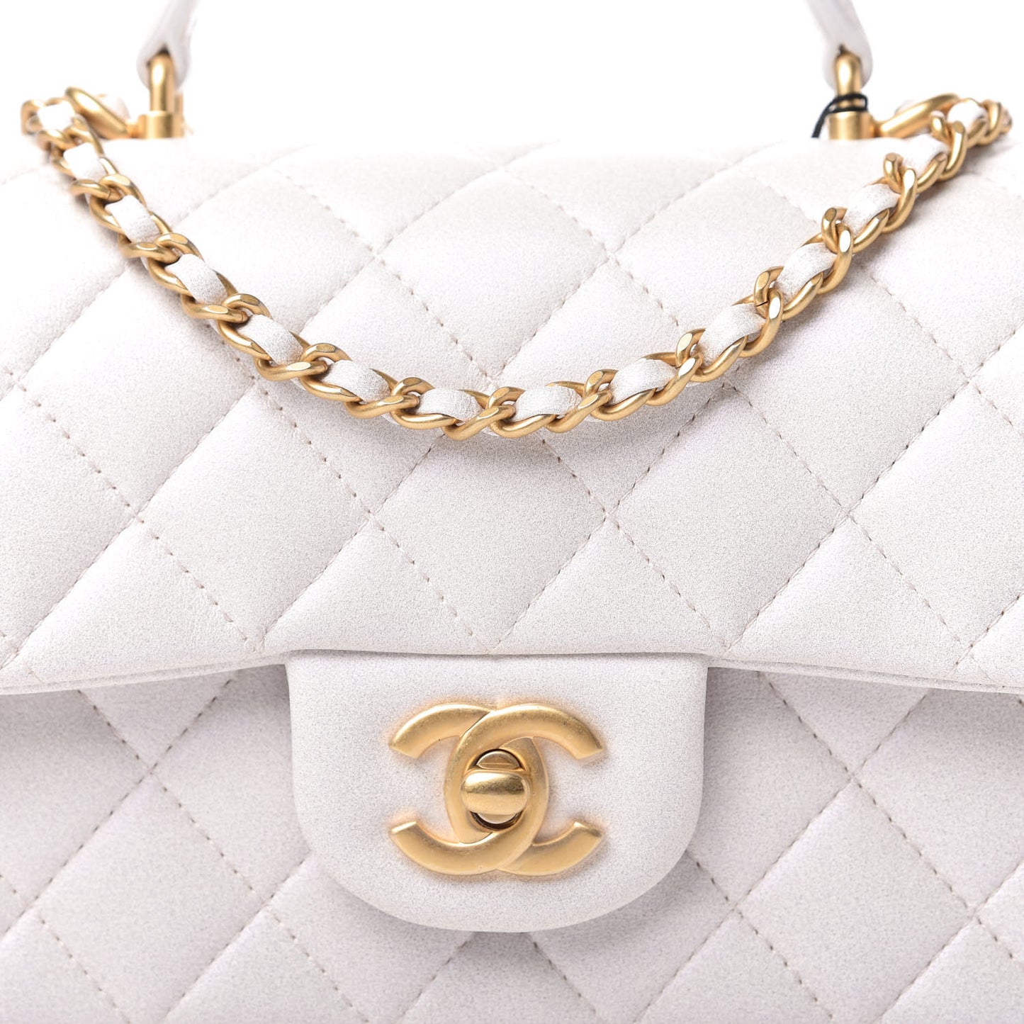 Iridescent Lambskin Quilted Mini Top Handle Rectangular Flap White